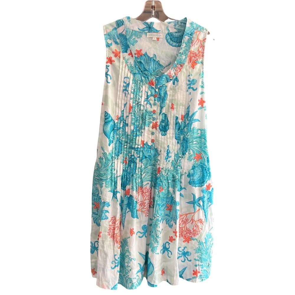 MODAPOSA Womens 100% Cotton Coastal Shell Coral Print Pintuck Sleeveless Dress